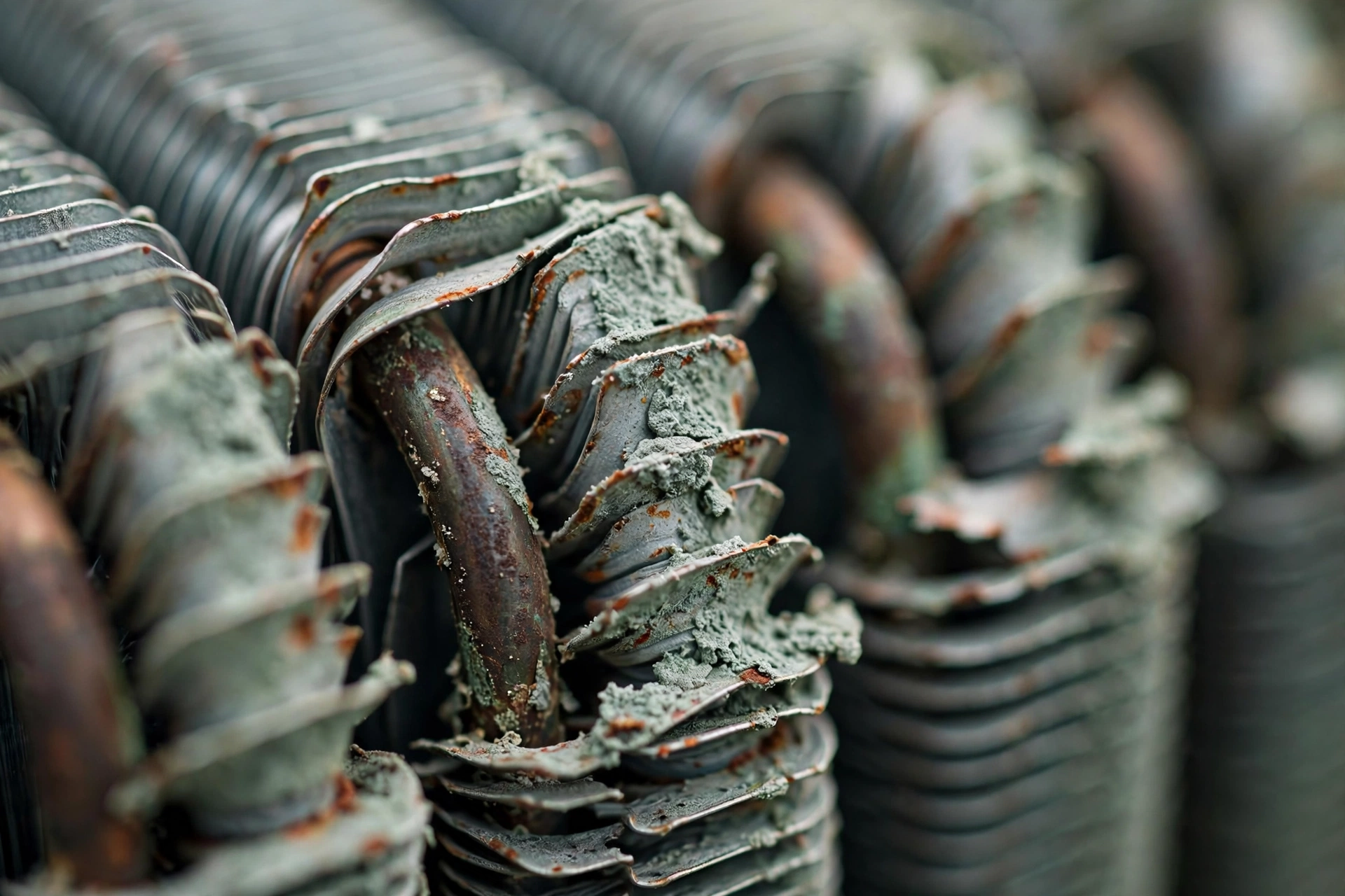 Close-up of condenser coil fins with salt-air corrosion