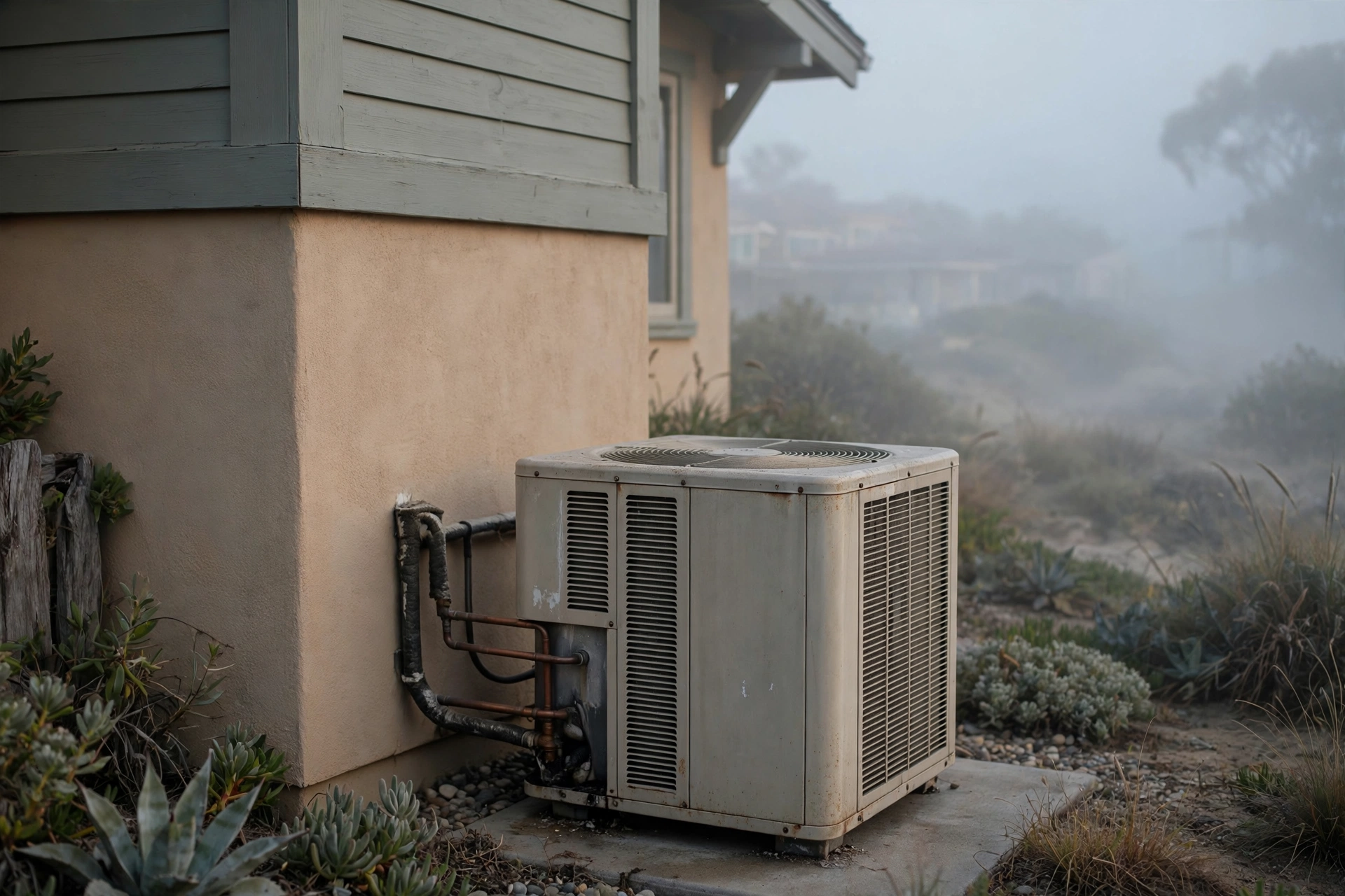 Outdoor AC condenser beside a coastal home in morning fog